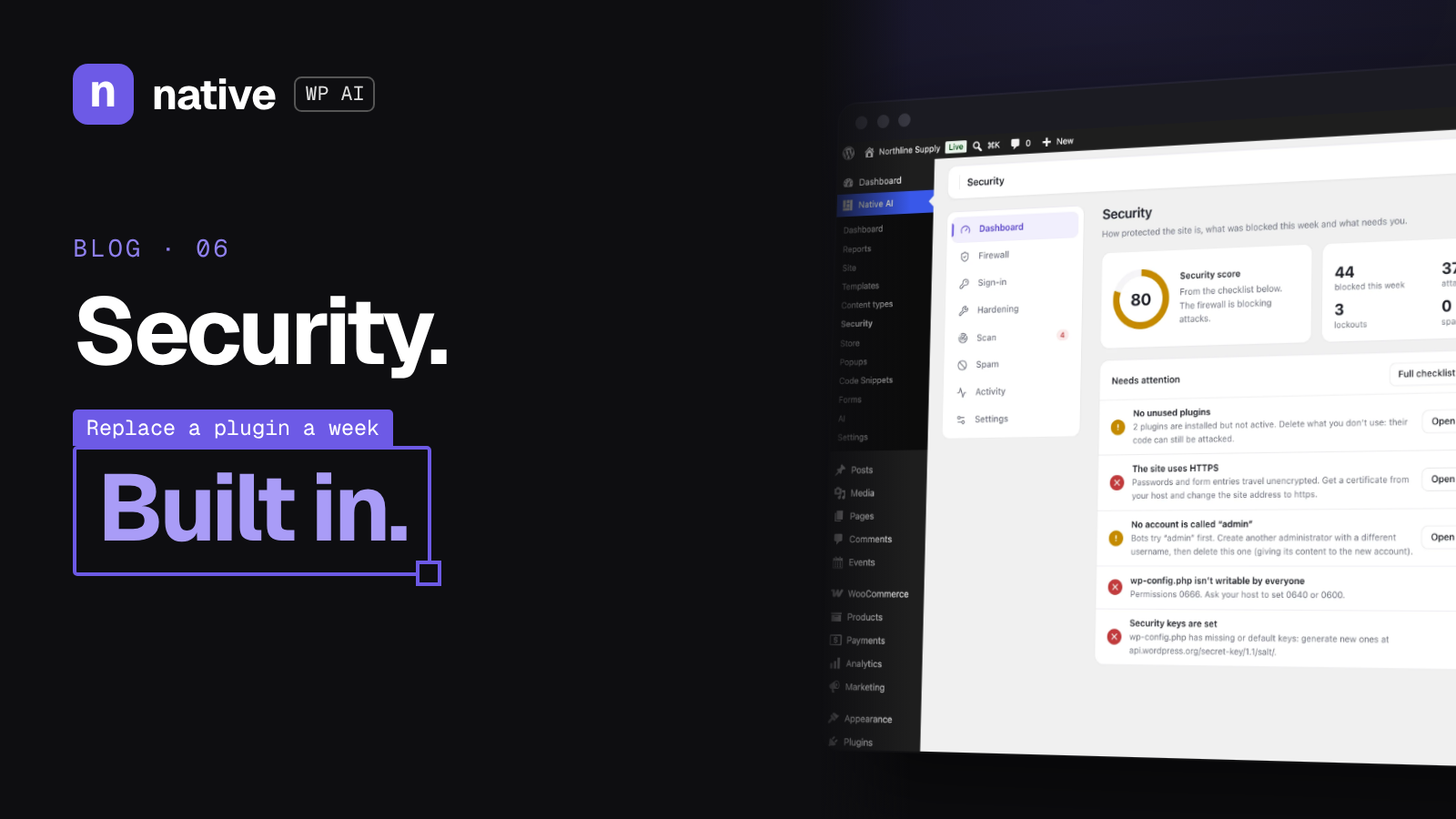 Native WP AI blog cover reading Security, Replace a plugin a week, Built in, next to a tilted screenshot of the Native WP AI Security dashboard