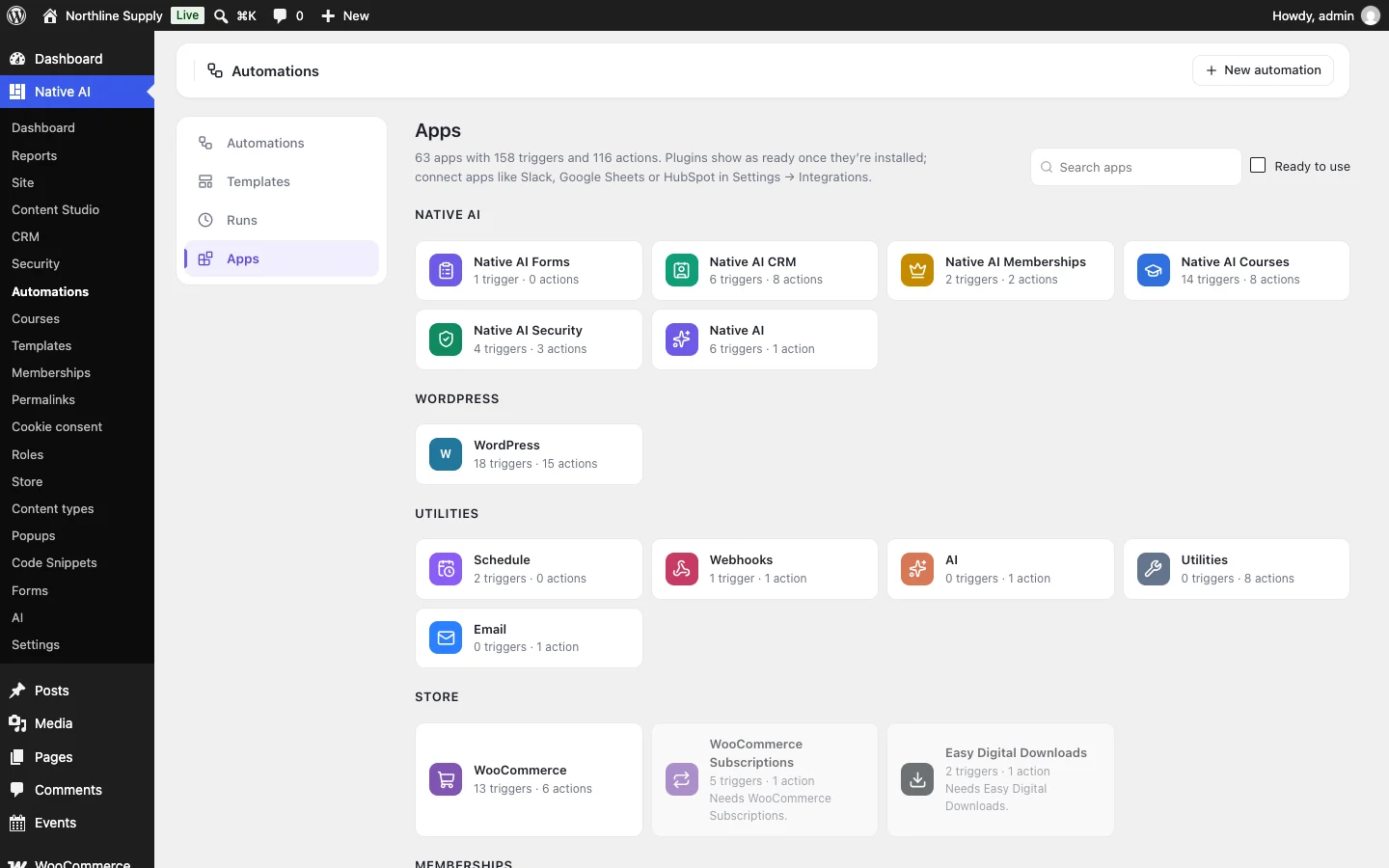 Automations → Apps: Native AI’s features, WordPress, WooCommerce and dozens of plugins and connected apps by category, each with its triggers and actions