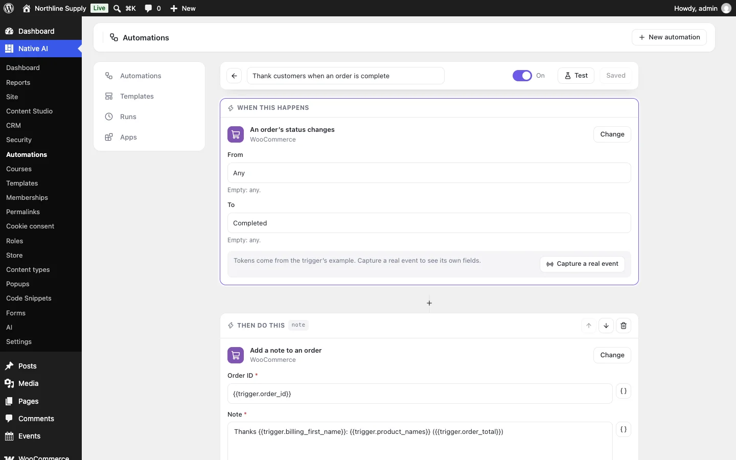 An automation: when an order’s status changes to completed, add a note to the order with the customer’s name and products, continue only for orders over 5, wait two minutes, then change the product’s stock