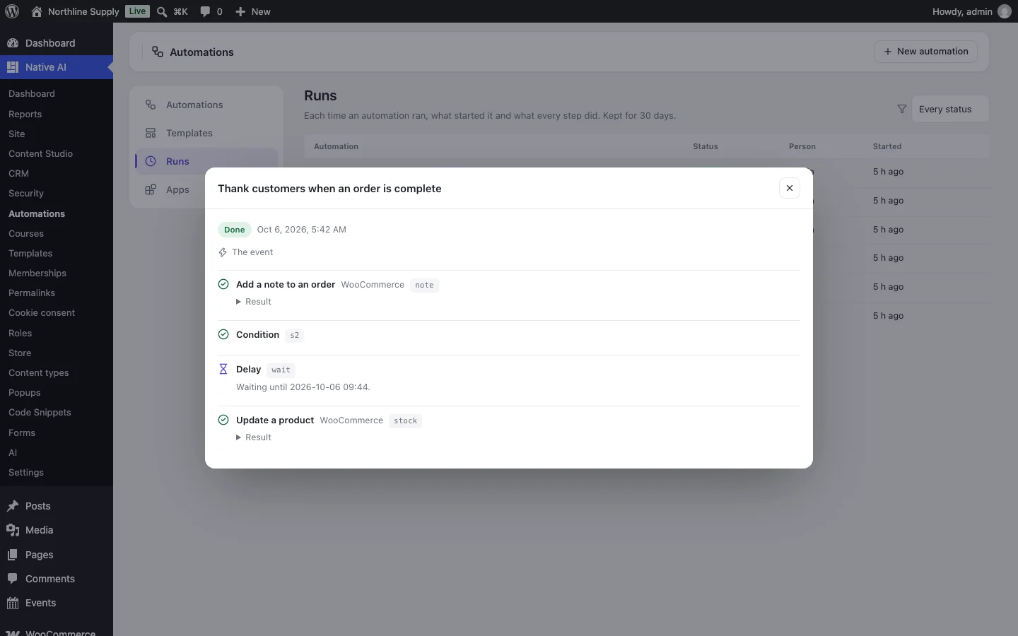 A run of an automation: the order that started it, then each step — the note added, the condition met, the two-minute wait and the stock changed