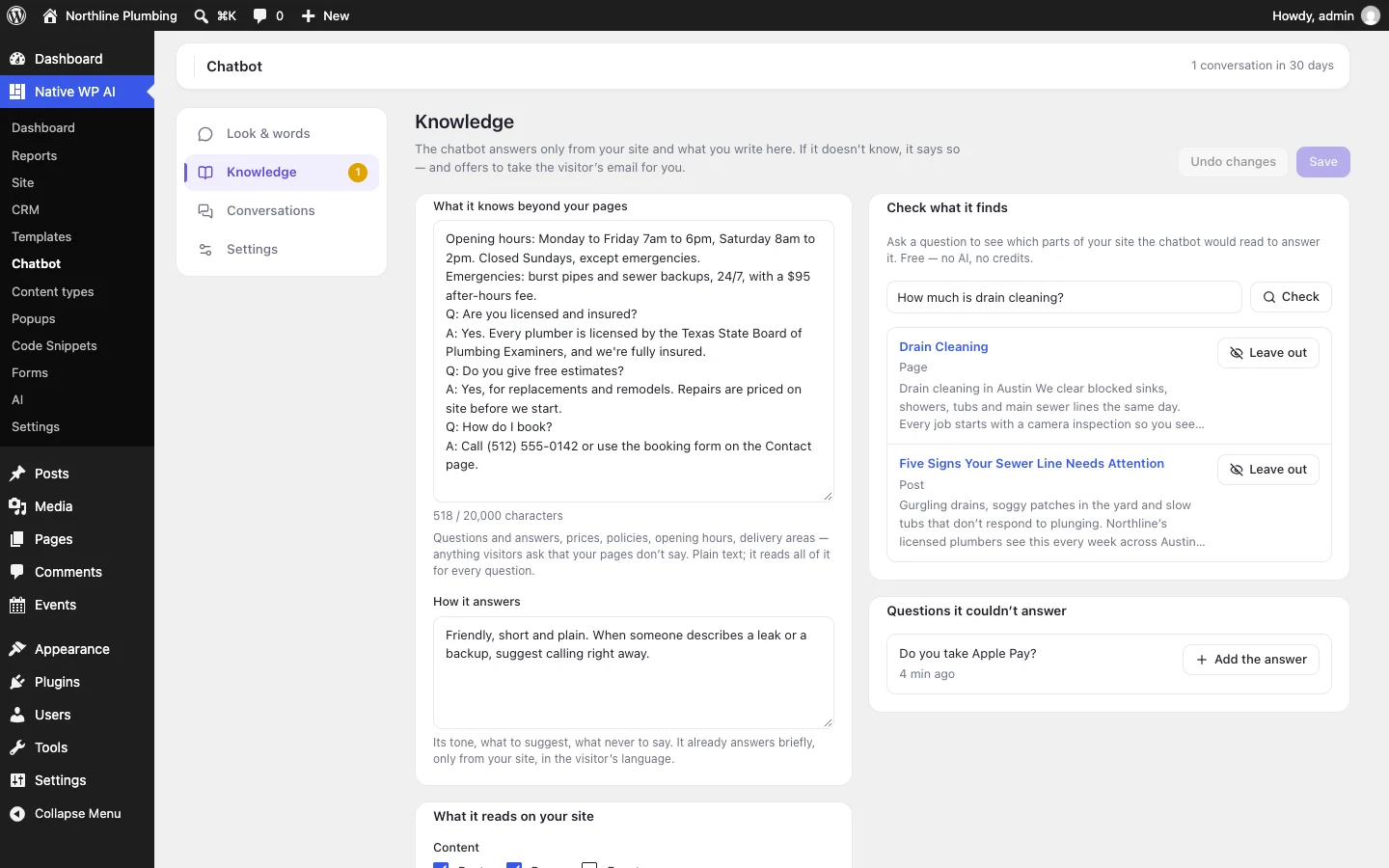 The chatbot’s knowledge: the owner’s own questions and answers, the content it reads, the parts of the site it finds for “How much is drain cleaning?” and a question it couldn’t answer