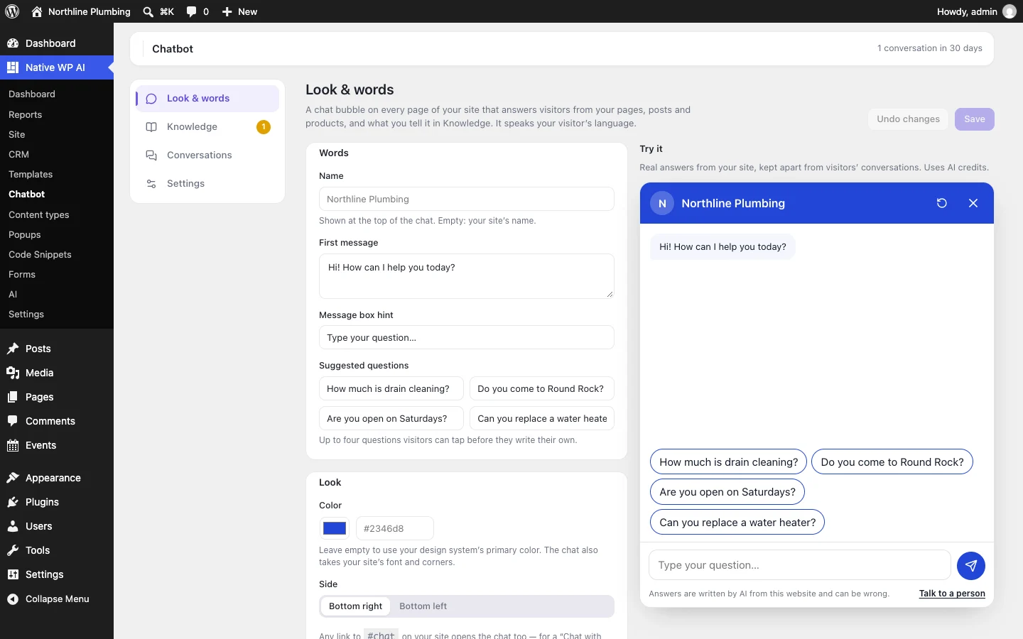 Native WP AI Chatbot: its name, first message, suggested questions, color and side, next to the chat window as visitors see it, to try with real answers