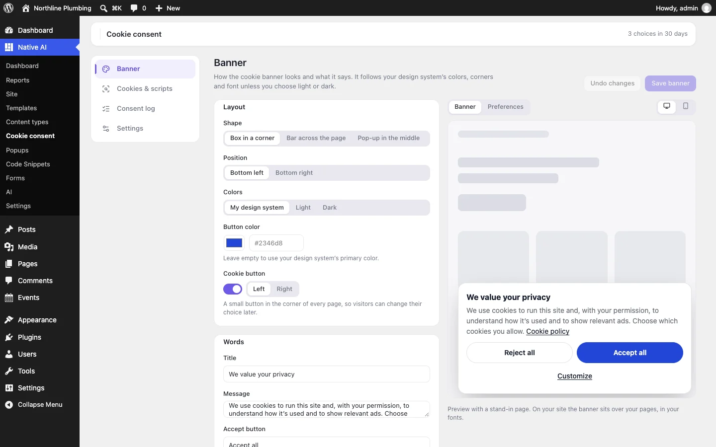 The cookie banner’s settings: shape, position, colors from the design system and its words, with a live preview of the banner