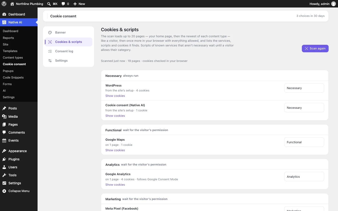 Native AI Cookie consent: the scan’s results by category — Google Analytics, the Meta Pixel, YouTube and Google Maps waiting for permission, WordPress always on — each with its cookies and a category to choose