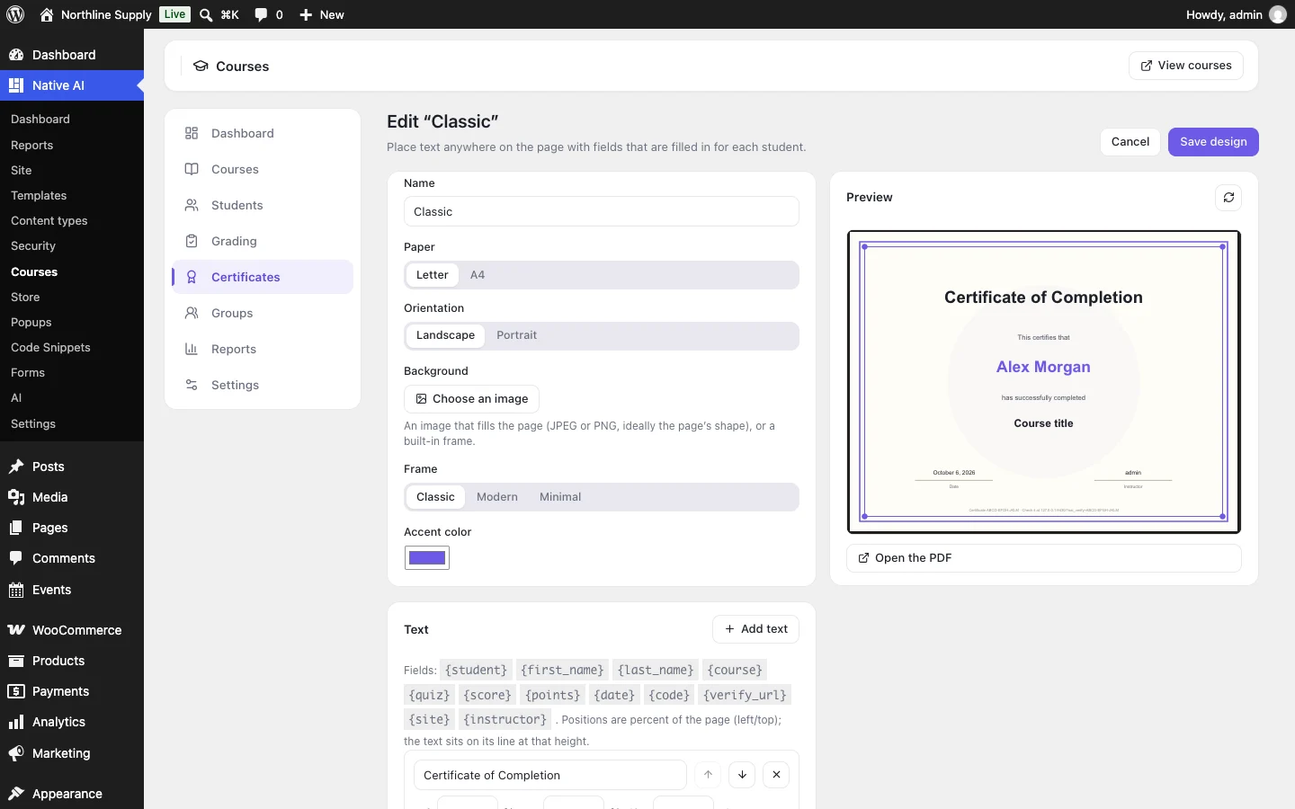 The certificate designer: paper, orientation, frame, accent color and text placed with fields like {student} and {course}, beside a live PDF preview