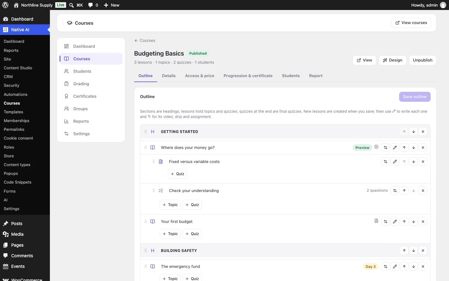 A course’s outline: sections, lessons with their topics and quizzes, badges for a free preview, a drip day and an assignment, and buttons to write, set up and reorder each one
