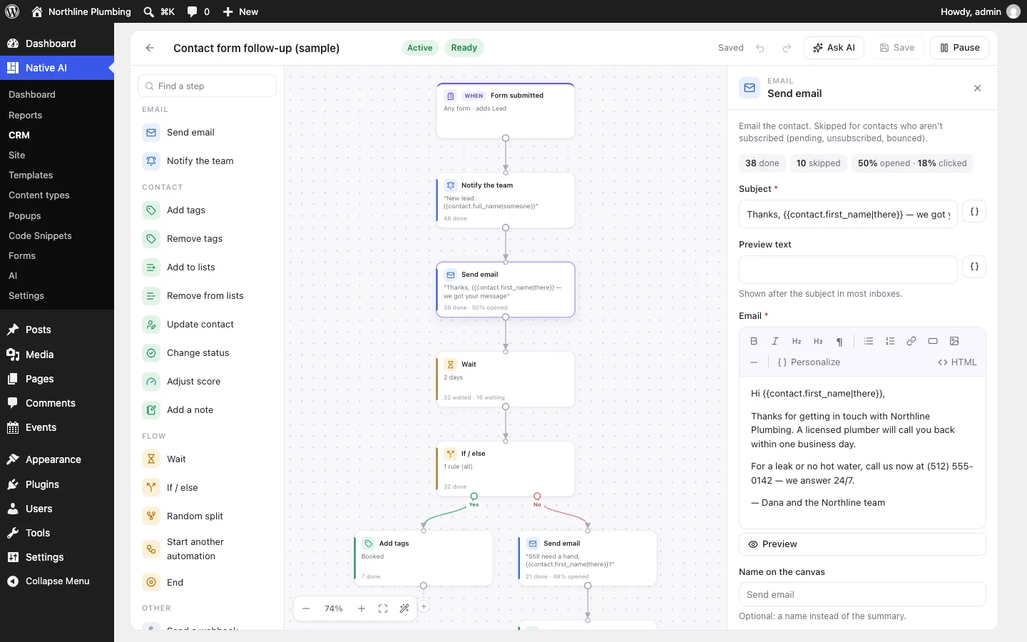 An automation on the canvas: when the contact form is sent, tag, notify the team, email, wait two days, then branch — with how many contacts passed each step