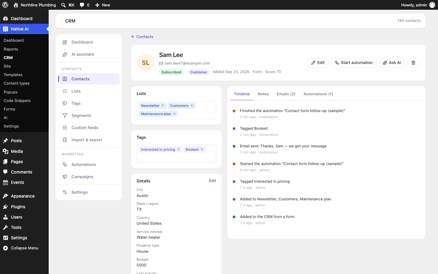 A contact in the CRM: lists, tags, details and a timeline of forms, emails opened and clicked, and automations
