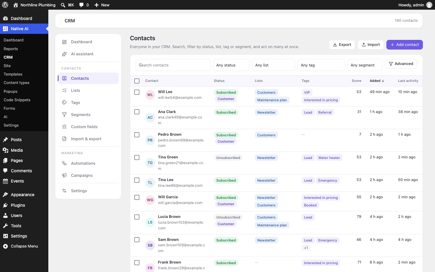 CRM contacts: search and filter by status, list, tag or segment, with lists, tags and scores