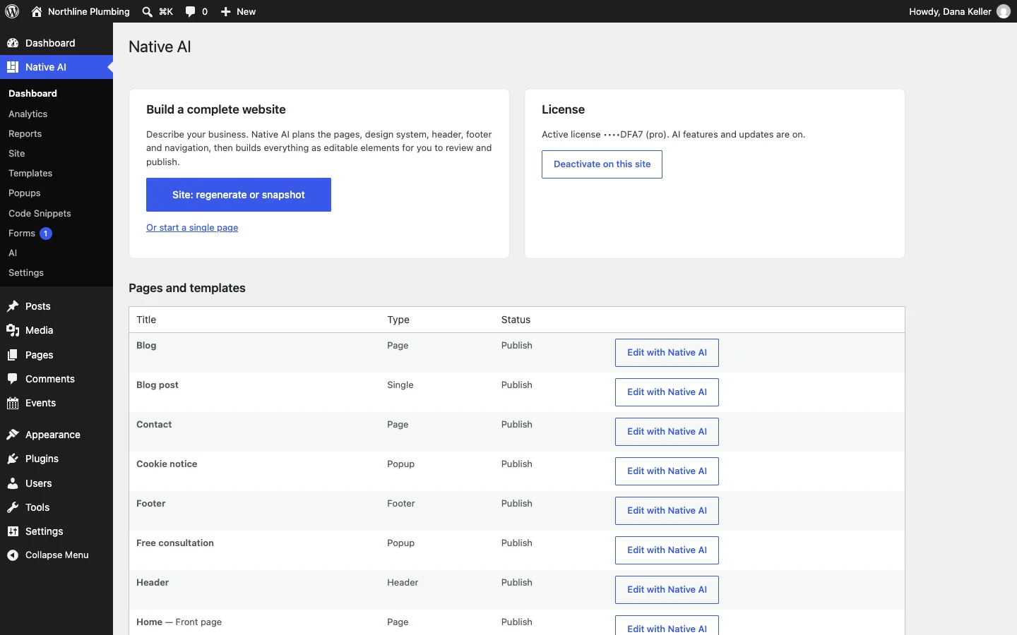 The Native AI dashboard in WordPress: license, AI credits, recent pages and shortcuts