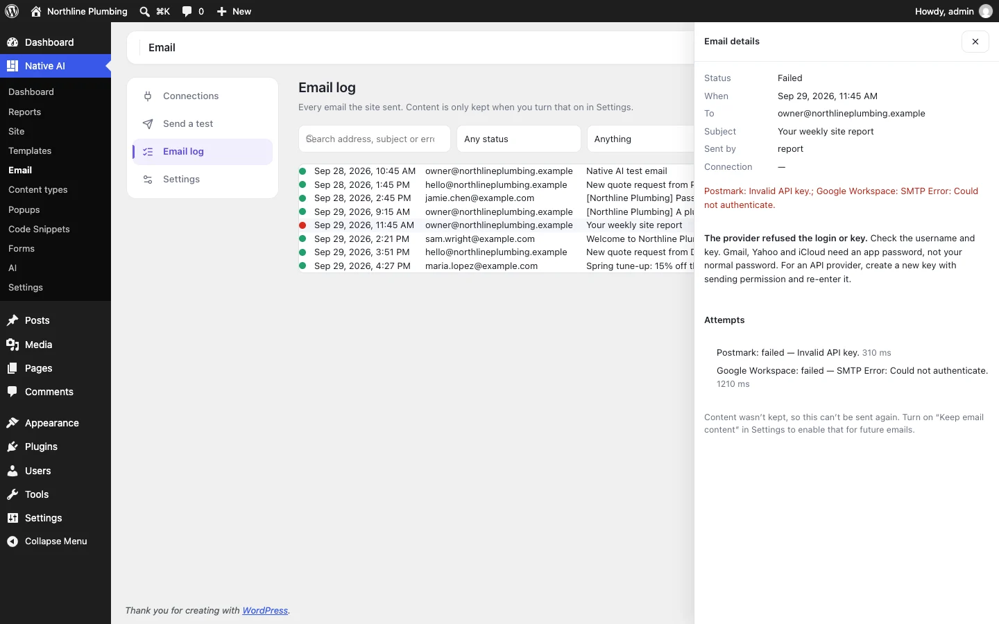 The email log: every email with its status, recipient, subject, what sent it and the connection that delivered it, and a failed email opened with each connection tried and what to do about it