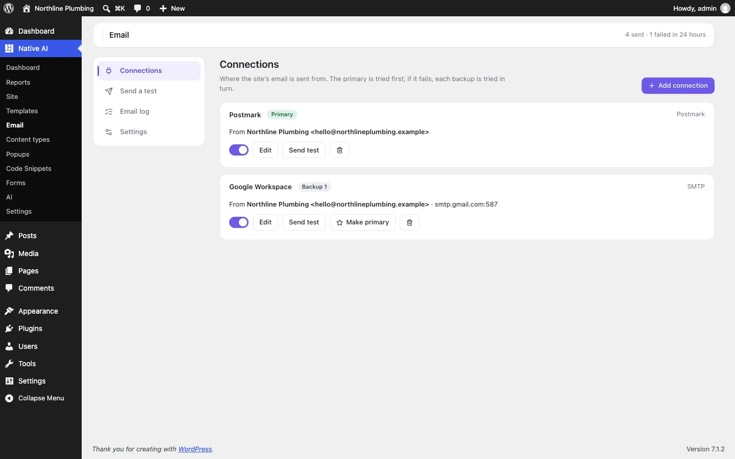 Native AI Email: a primary and a backup connection, each with its from address and buttons to send a test, edit, make primary or switch off