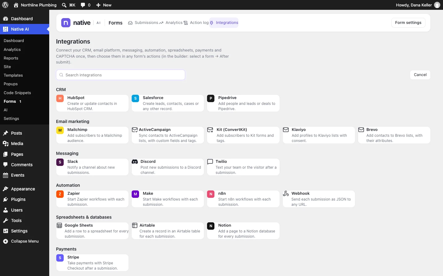 Form integrations: connect Mailchimp, HubSpot, Salesforce, Google Sheets, Slack, Stripe, webhooks and more
