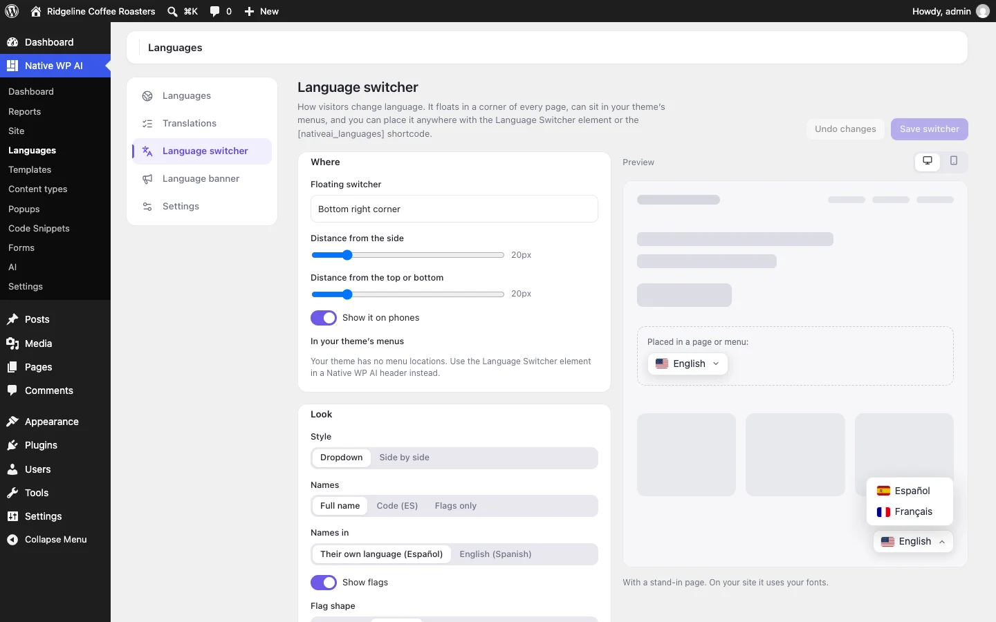 The language switcher designer: where it floats, dropdown or side by side, names, flag shape and colors, with a live preview