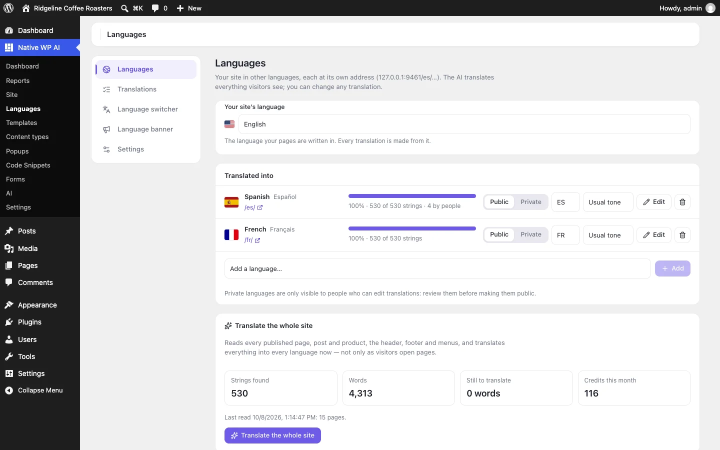 Native WP AI Languages: the site in English, translated into Spanish and French at /es/ and /fr/, with how much the AI and people translated, and Translate the whole site