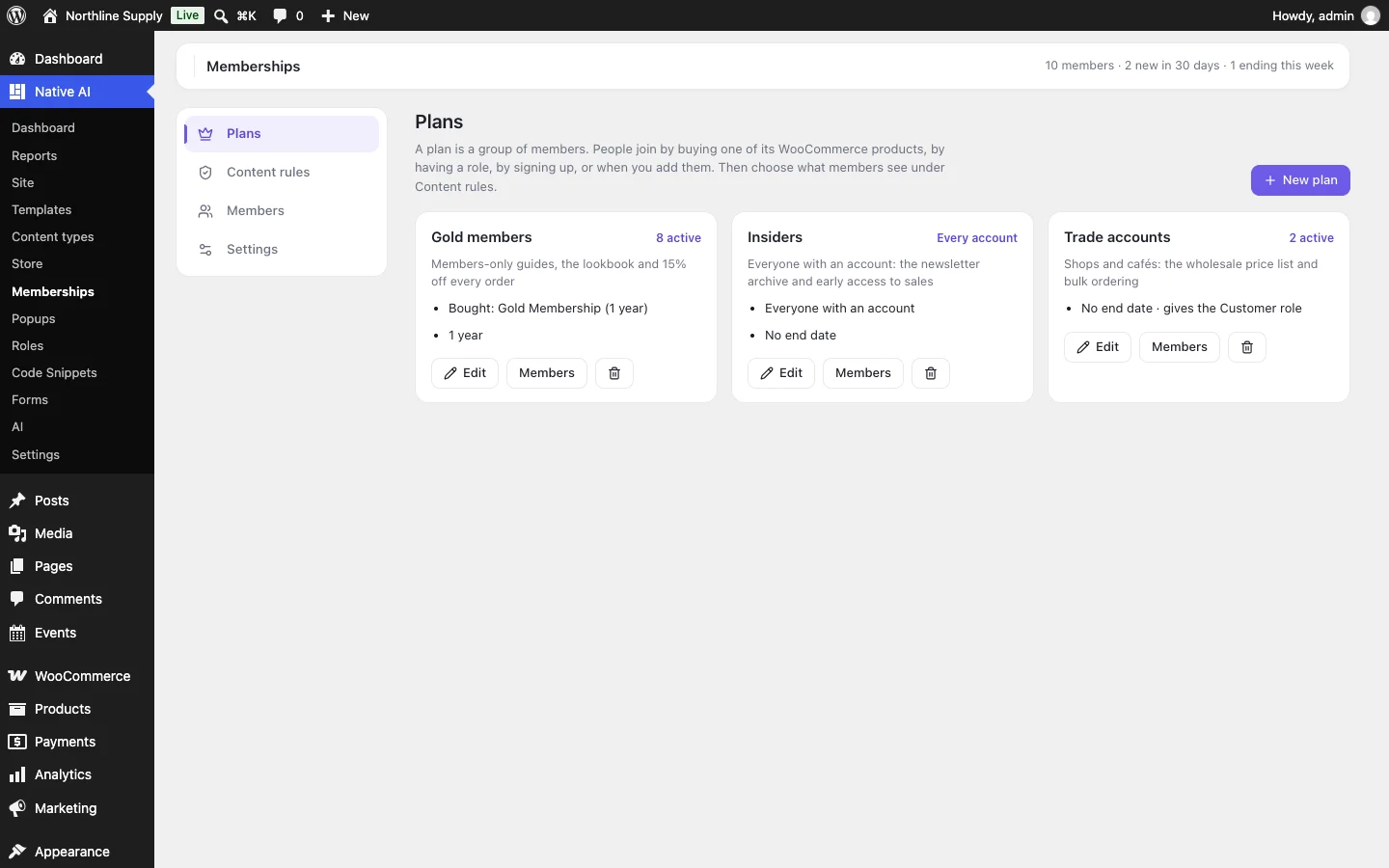 Native AI Memberships: plans — Gold members sold as a WooCommerce product for a year, Insiders for everyone with an account, Trade accounts added by hand — with their active members