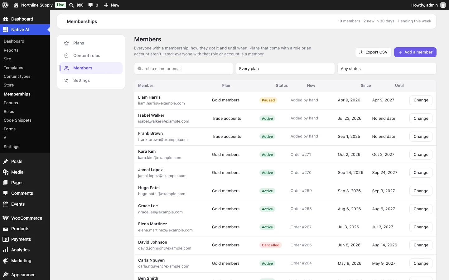 Members: who has which plan, its status, how they got it (an order, by hand) and until when, with filters, CSV export and Add a member