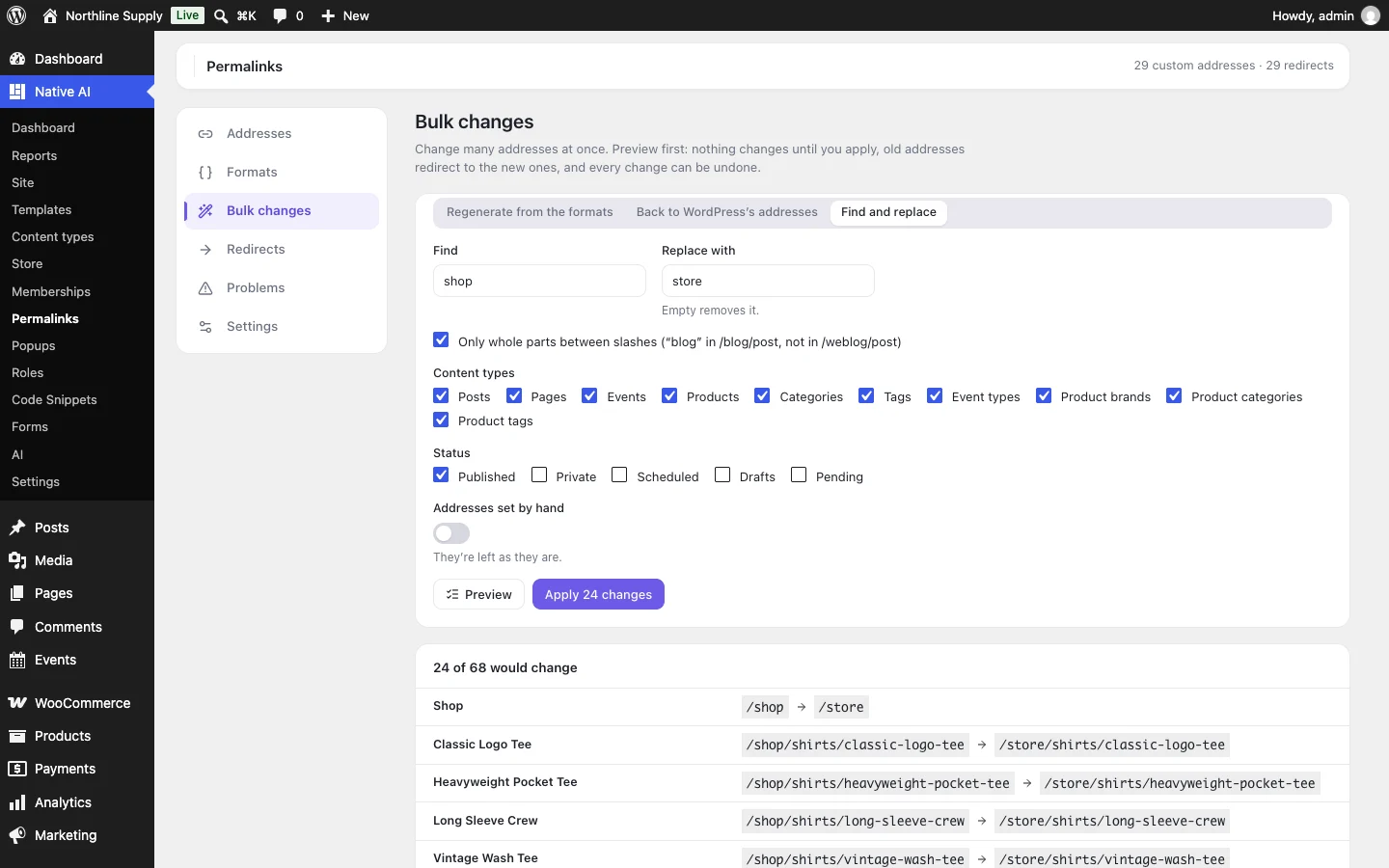 A bulk change previewed: find “shop” and replace it with “store” in product addresses, each old address beside its new one, before applying