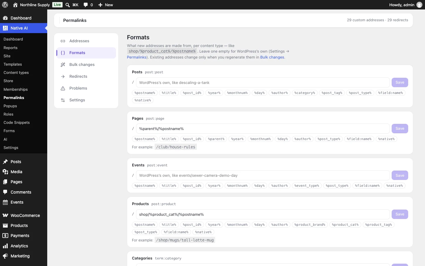 Address formats per content type, like shop/%product_cat%/%postname% for products, with the tags to use and an example