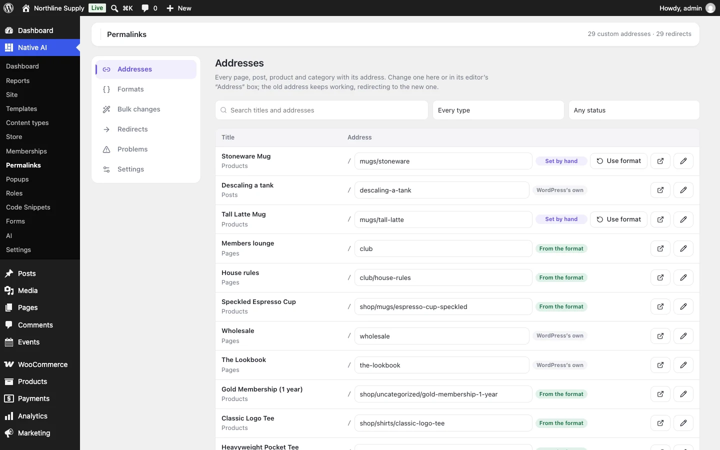 Native AI Permalinks: every page, post and product with its address to edit in place — from the format, set by hand or WordPress’s own