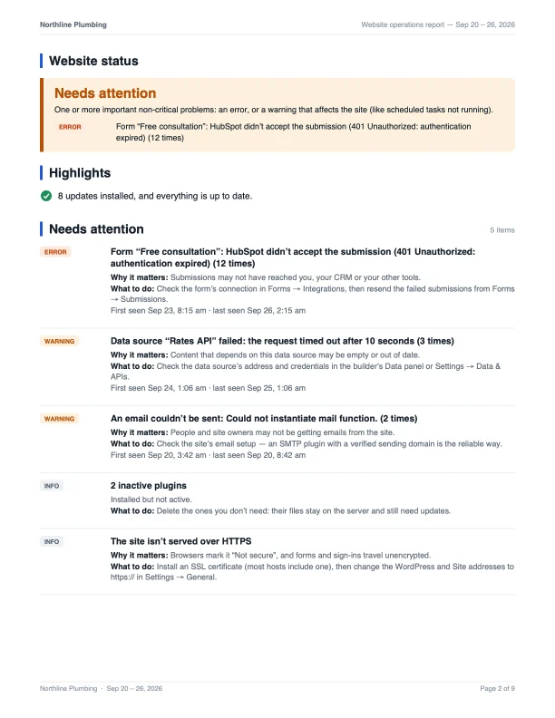 The report’s second page: what needs attention, why it matters and what to do, then the site’s health checks