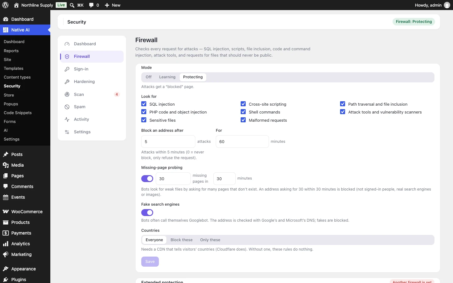 The firewall: protecting, the kinds of attack it looks for, blocking addresses after repeated attacks, missing-page probing, fake search engines and countries
