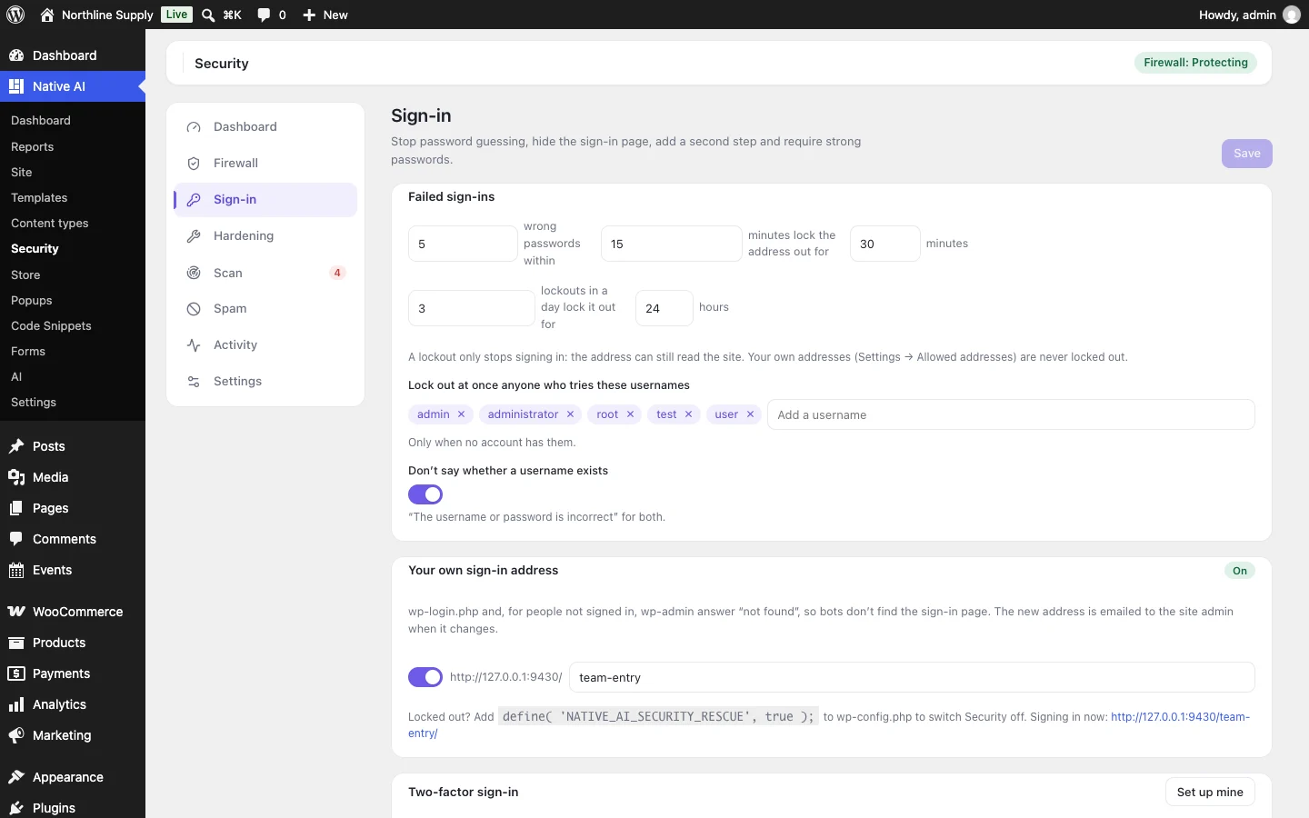 Sign-in protection: lockouts after failed sign-ins, usernames bots try, a sign-in address of your own, two-factor for chosen roles and a CAPTCHA
