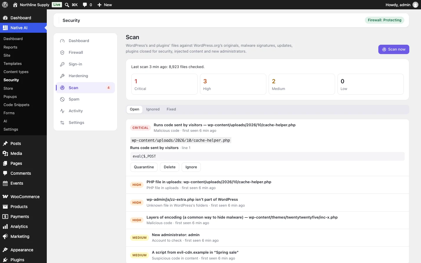 The security scan’s findings by severity — a web shell in uploads, a file that isn’t part of WordPress among its own, hidden encoded code, an injected script — each with quarantine, delete or ignore