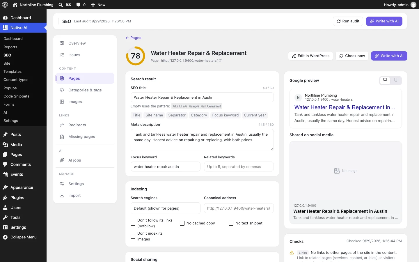 One page’s SEO: its title, description and focus keyword with Google and social previews, and its checks