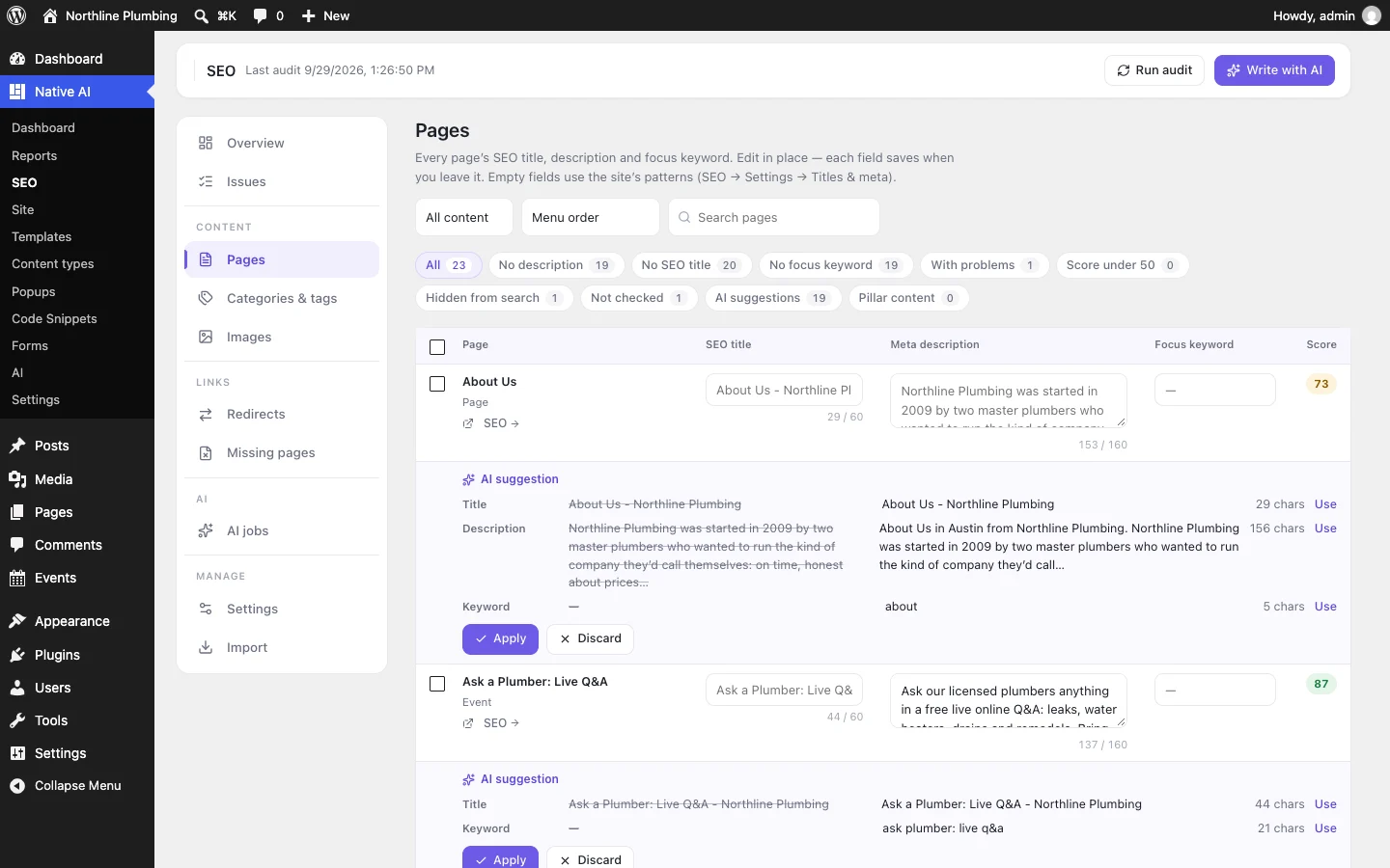 SEO → Pages: every page’s SEO title, description, focus keyword and score, with AI suggestions to apply