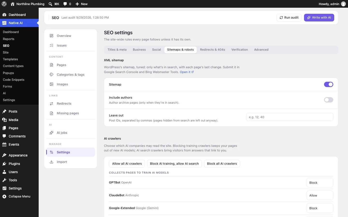 SEO settings: the sitemap, robots.txt, which AI crawlers may read the site, llms.txt and IndexNow