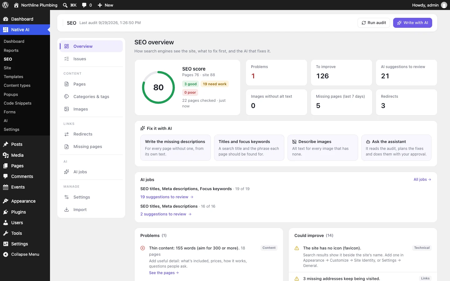 Native AI → SEO: the site’s SEO score, what to fix first and one-click fixes with AI