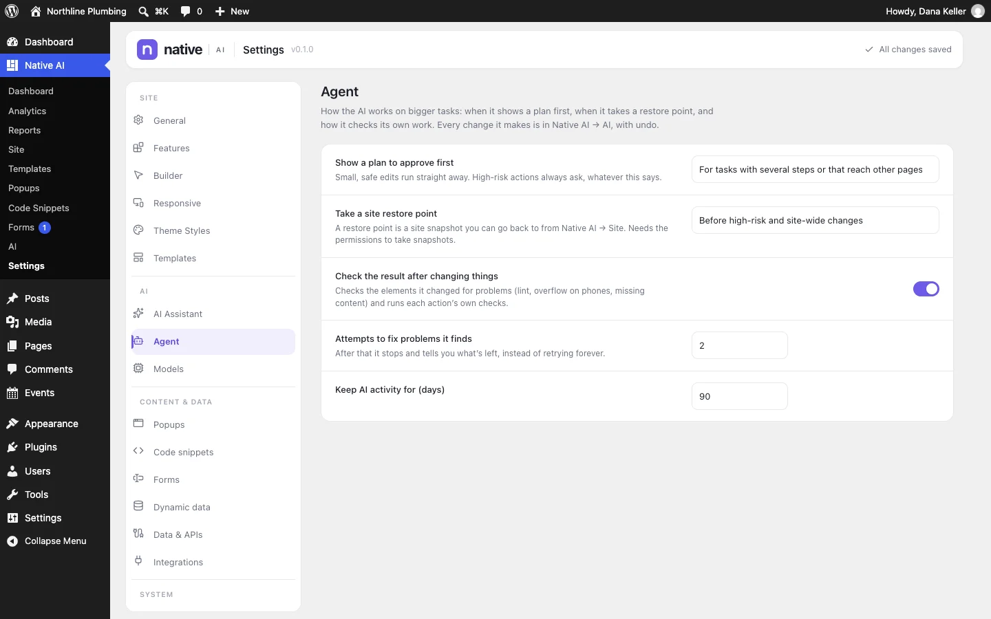 Settings → Agent: when the AI shows a plan first, when it takes a restore point, how it checks its work and how long its activity is kept