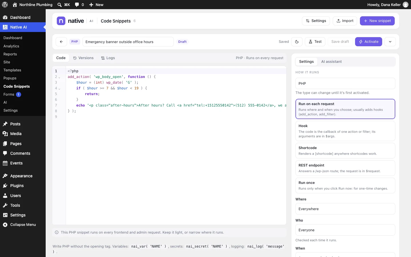 Editing a PHP snippet: a code editor with checks before it runs, conditions for where it runs, and versions
