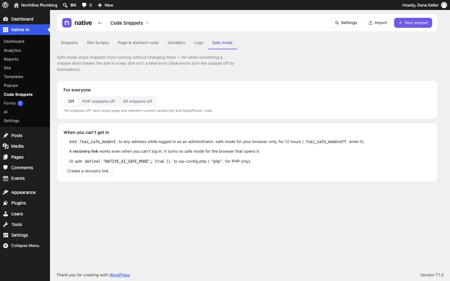Snippet safe mode: turn off every snippet at once, with a recovery link if a snippet breaks the site