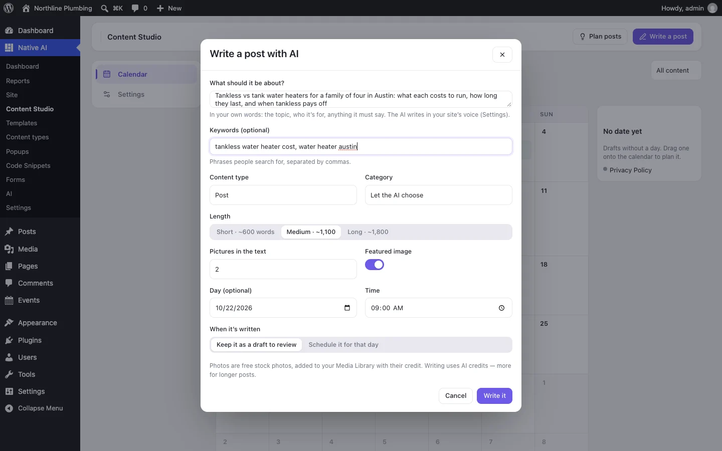 Writing a post with AI: what it's about, keywords, category, length, pictures, its day and whether to schedule it when it's written