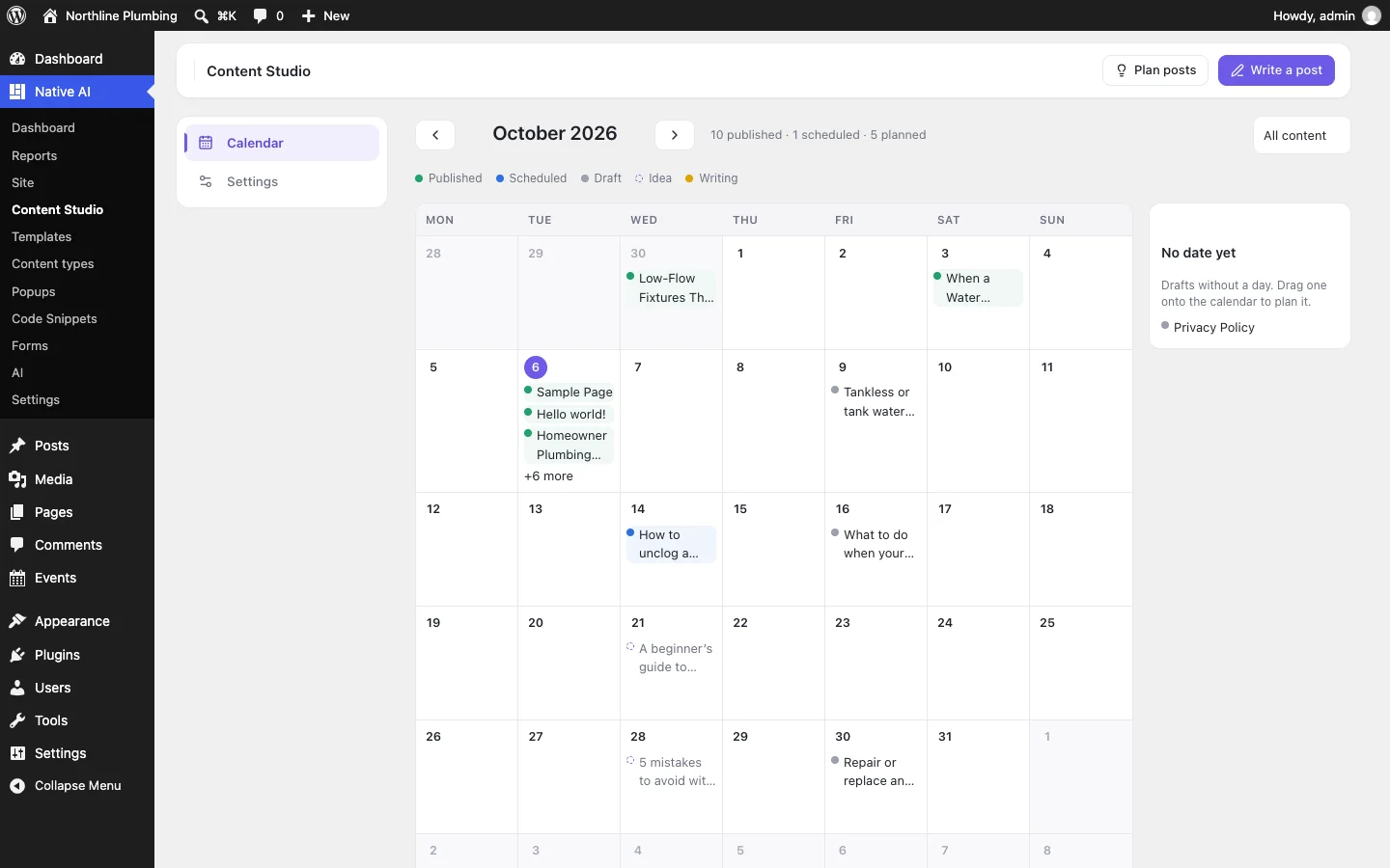 Native AI Content Studio: a month of posts — published, scheduled, drafts and planned ideas on their days — with Plan posts and Write a post
