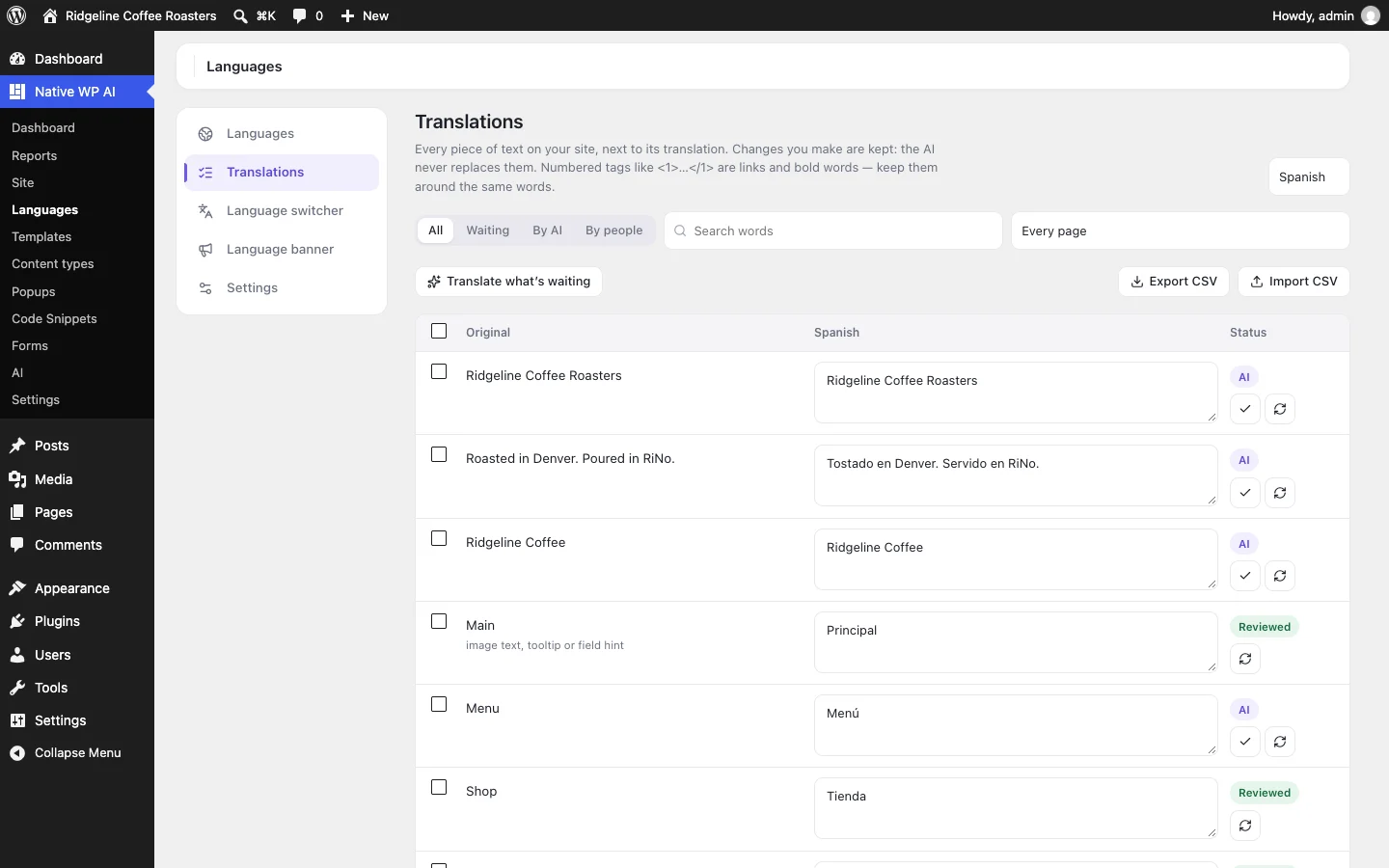 The translation editor: each piece of the site’s text next to its Spanish translation, by the AI or edited by a person