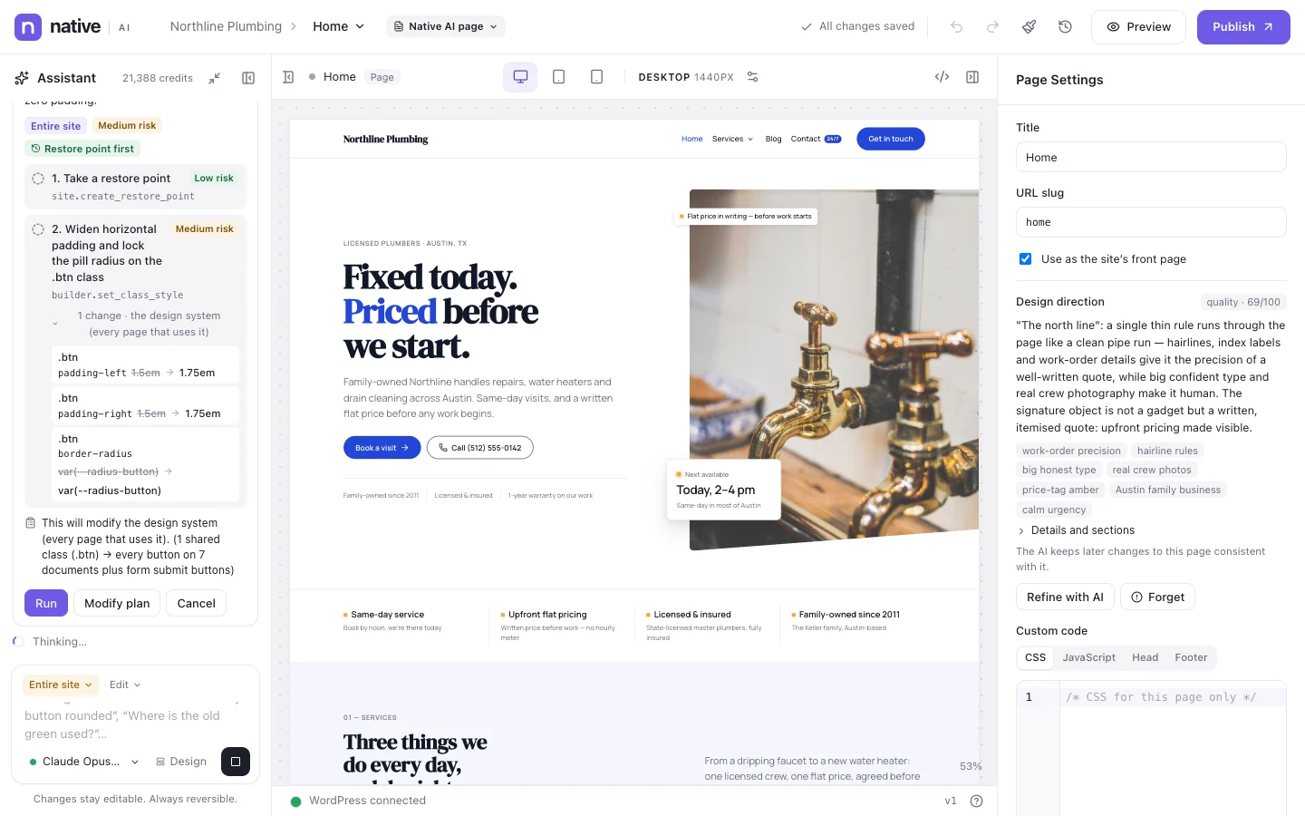 The AI’s plan for a site-wide change, waiting for approval: each step, what it may change and a restore point first