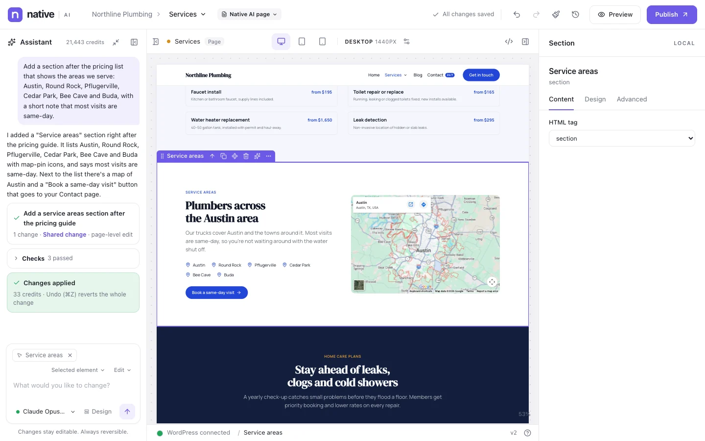 The AI assistant after a request: what it understood, the checks it ran and the section it added to the Services page, selected on the canvas and fully editable