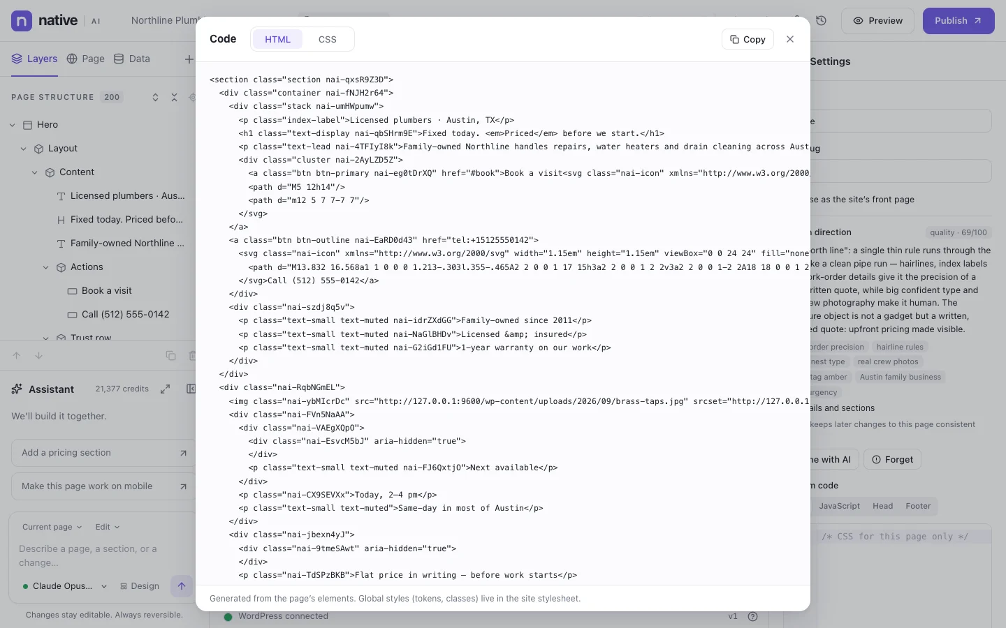 The page’s generated HTML and CSS, shown from the builder