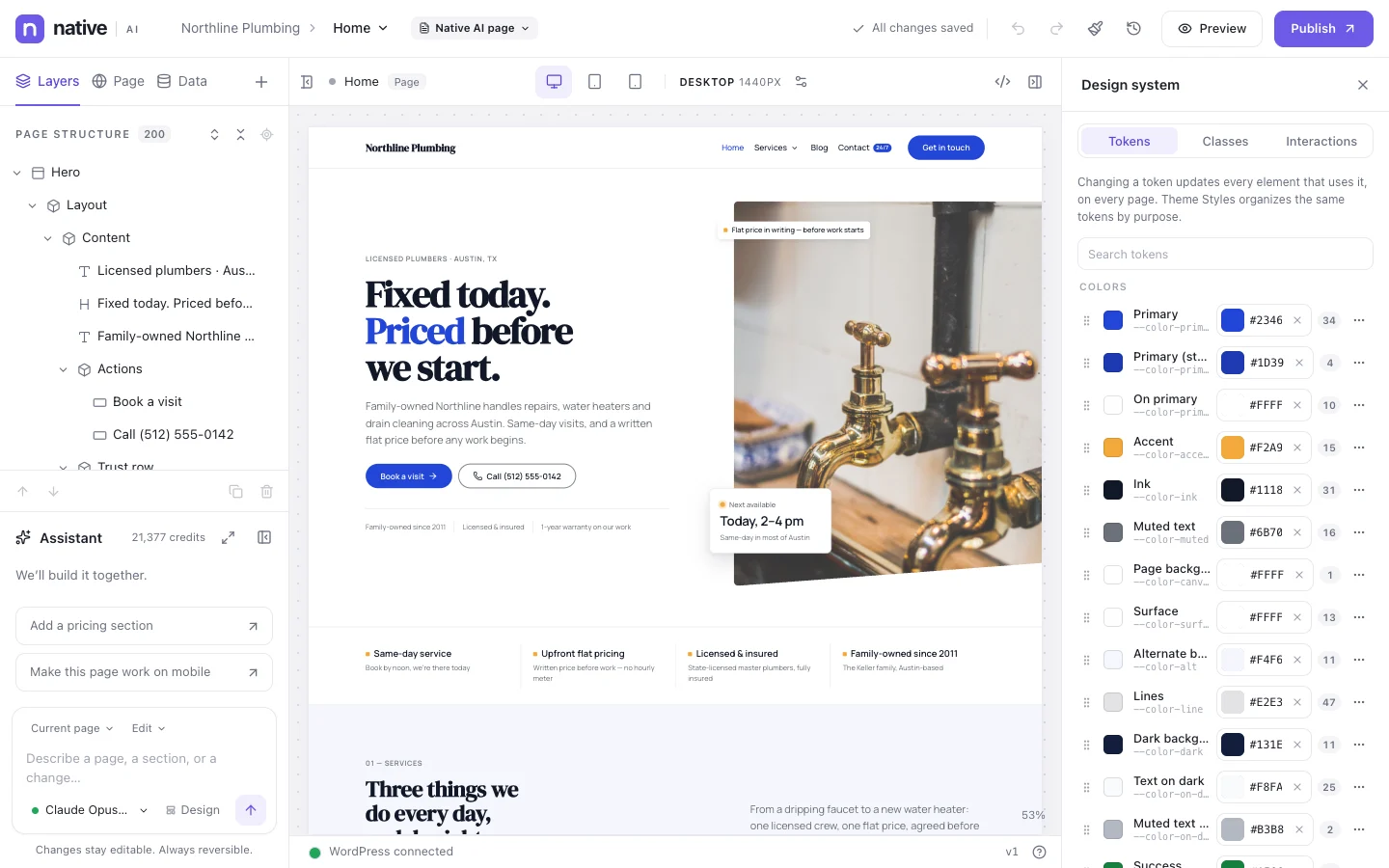 The design system panel: color, spacing and type tokens and reusable classes