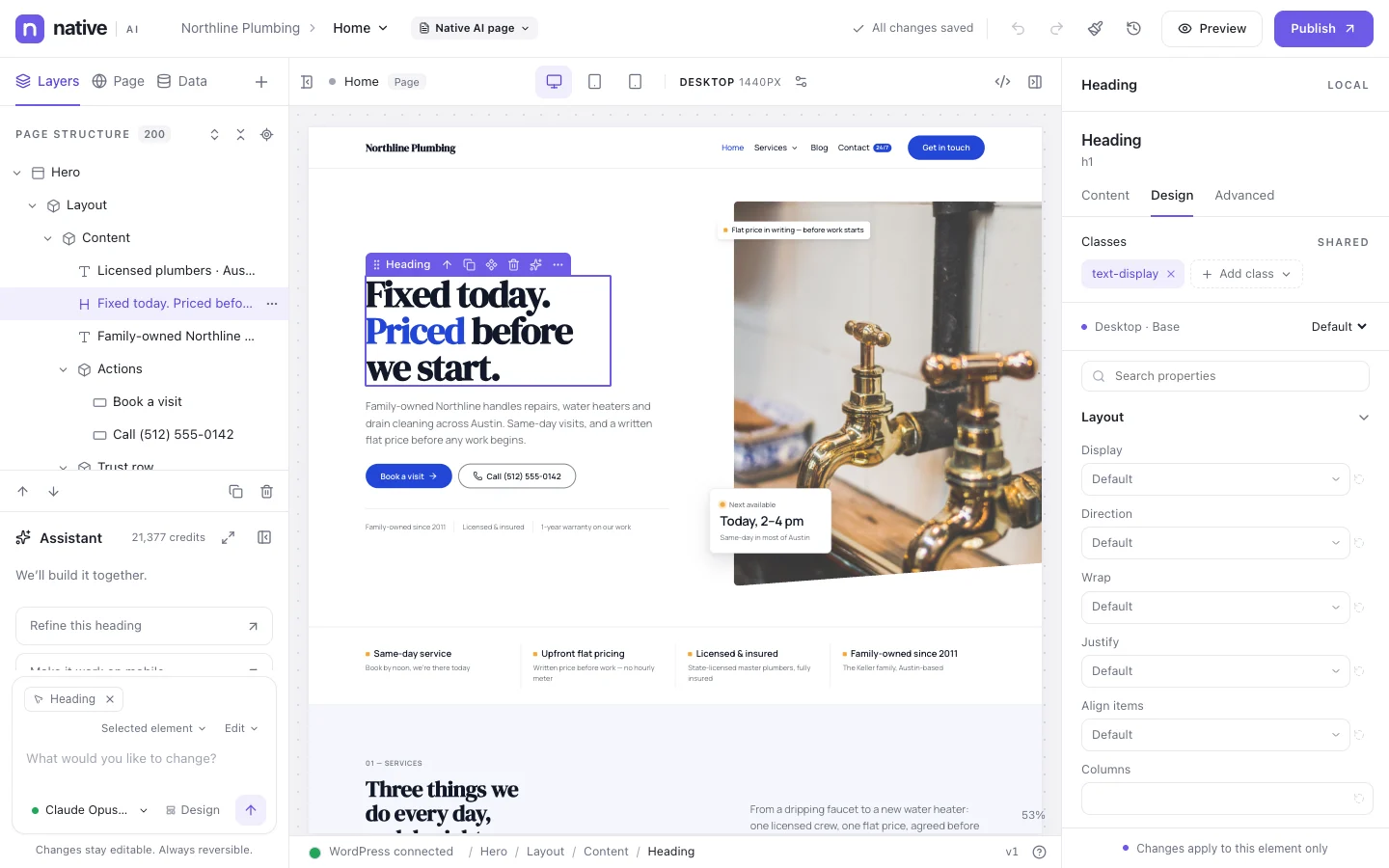 The Design tab for a selected heading: typography, spacing, colors and effects, set per breakpoint