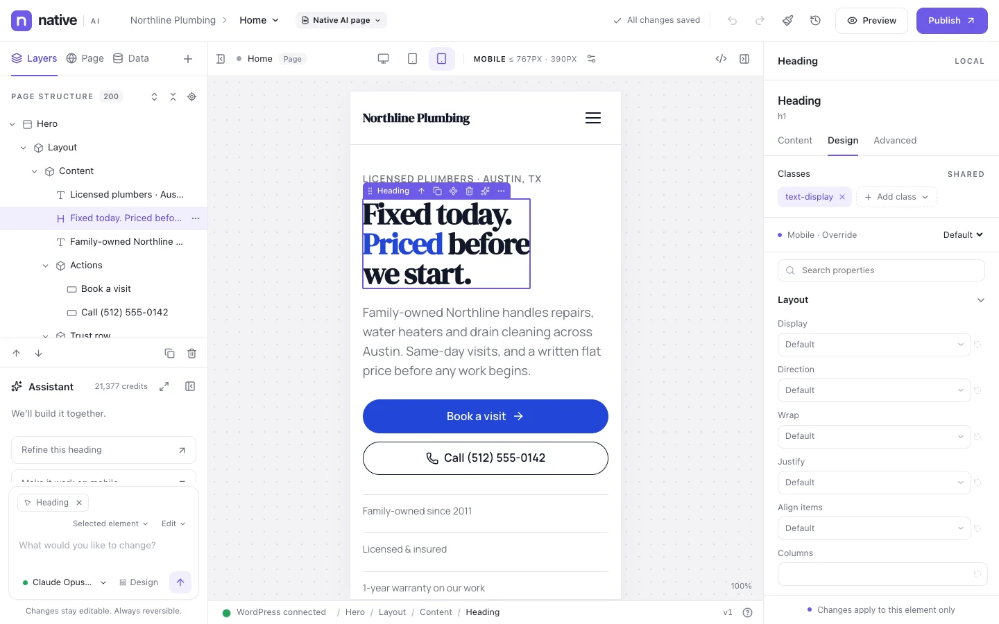 The builder showing the homepage at the mobile breakpoint: the heading’s type size set for phones only