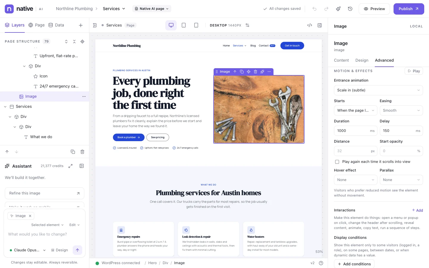 Motion and effects for an image: it scales in when it scrolls into view, with hover and parallax options, set without code
