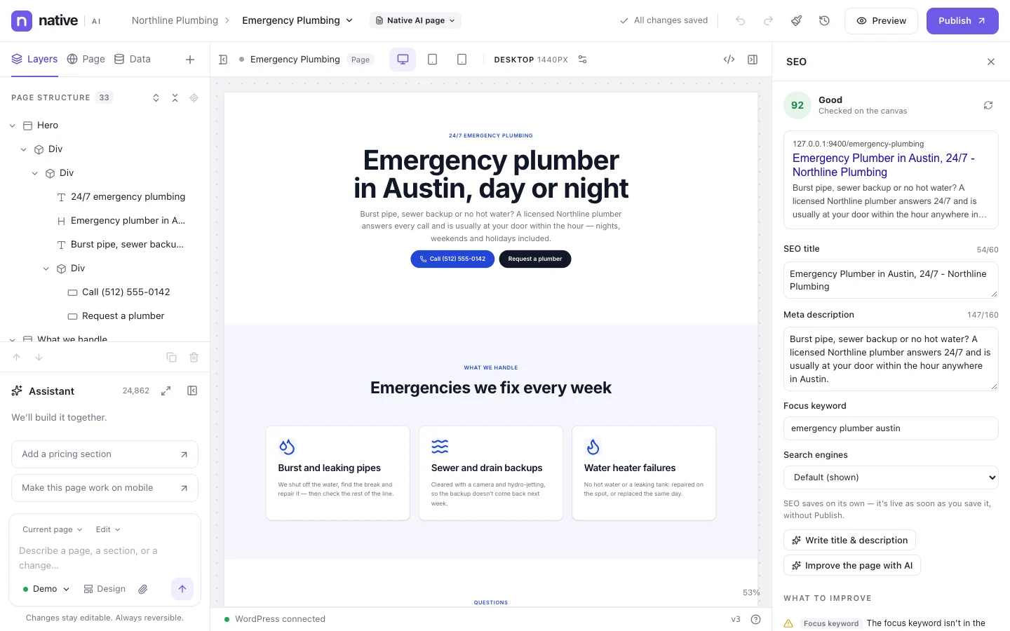 The SEO panel in the builder: how the page looks in Google, its title, description and focus keyword, and what to improve, checked on the canvas