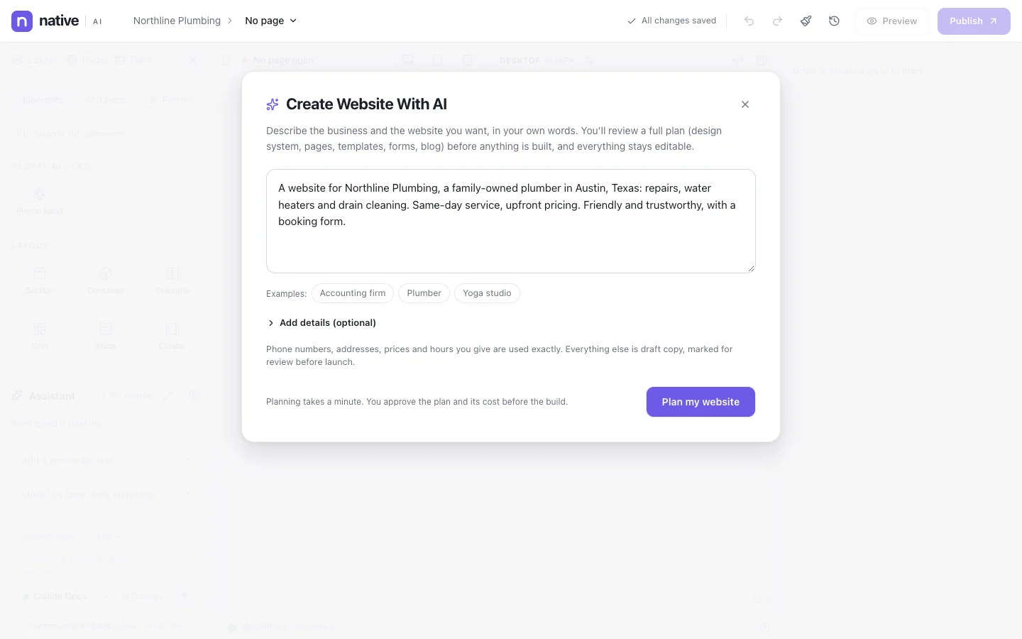 Starting a whole website with AI: describe the business, pick a direction, and Native AI plans the pages, design system, header, footer and navigation
