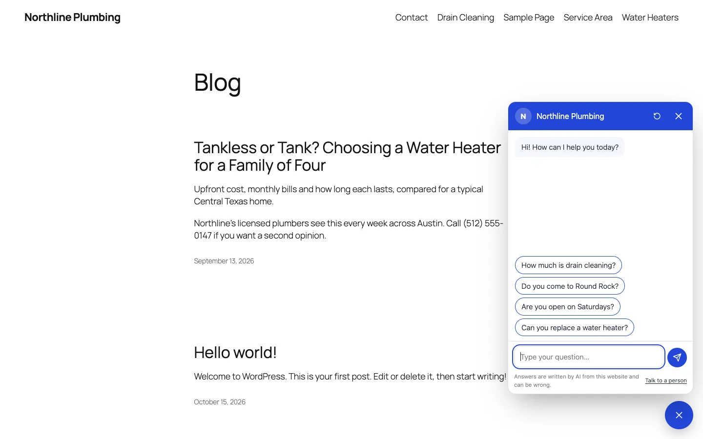 The homepage with the chatbot open in the corner: its first message and the questions visitors can tap, in the site’s colors