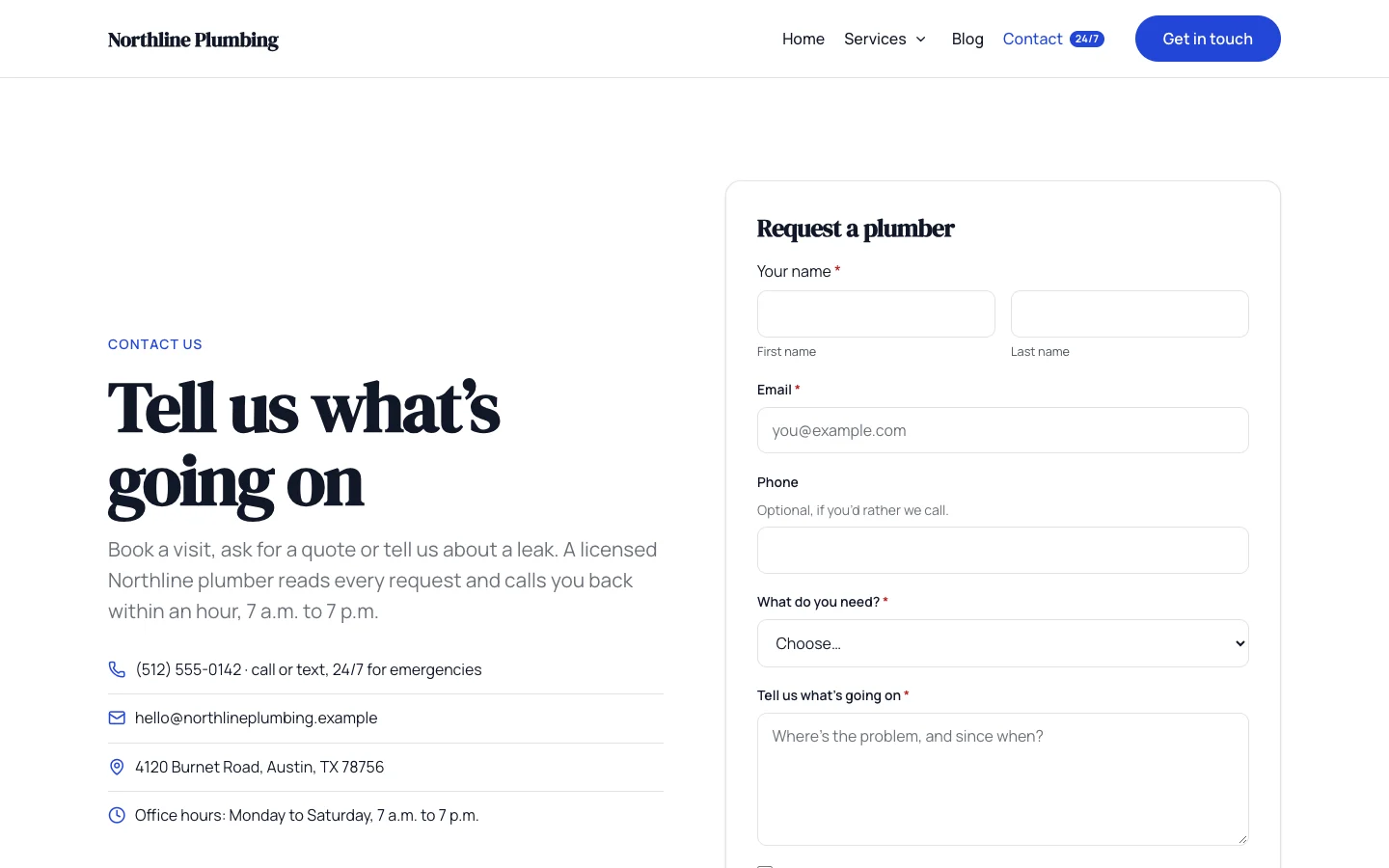 The contact page with a service request form built in Native AI