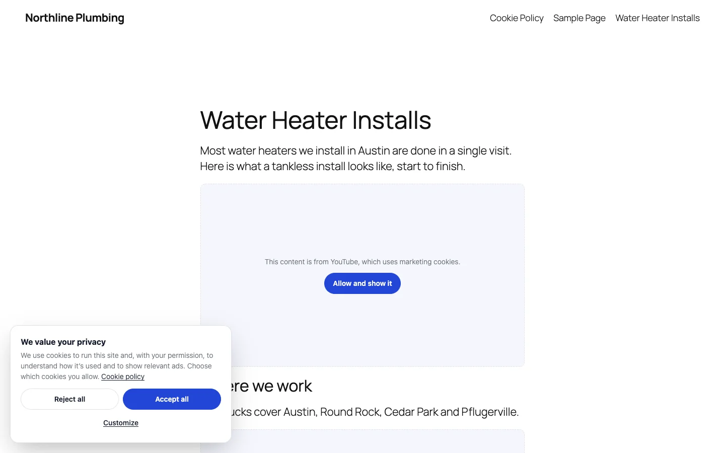A page on the site with the cookie banner in the corner — Reject all, Accept all, Customize — and the page’s YouTube video held back behind a placeholder until marketing cookies are allowed